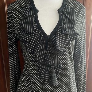 Ralph Lauren Ruffle V-Neck Polka-Dot Pullover Top w/Long Sleeves in 100% Cotton.